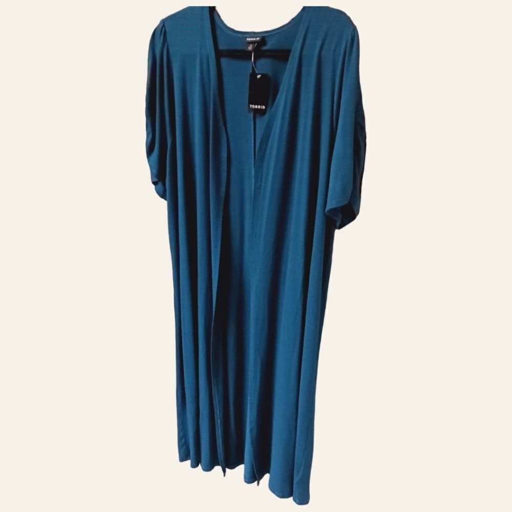 TORRID NEW Plus Size Blue Ruched Short Sleeve Fit & Flare Duster. - Picture 4 of 16